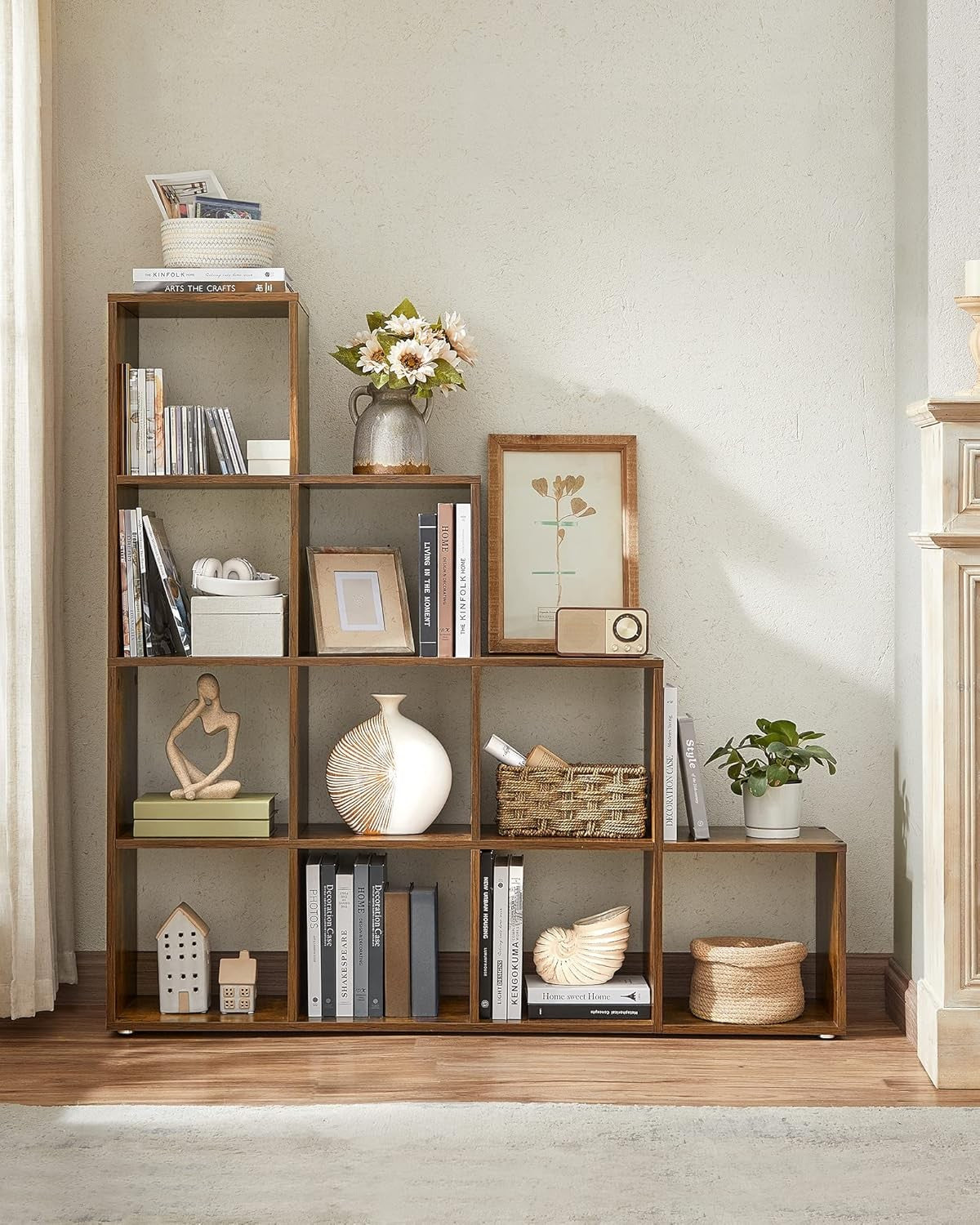 10-Tier Rustic Brown Cube Shelf – Large Open Display Bookcase for Home & Office