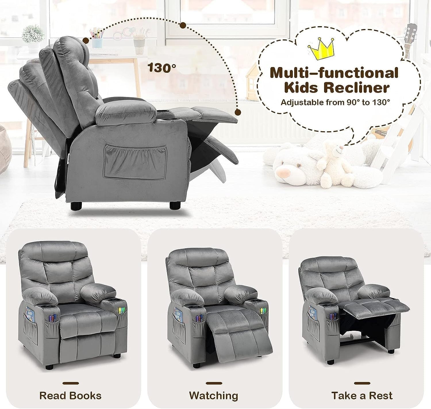Adjustable Kids Recliner Chair with Footrest, Cup Holders & Side Pockets