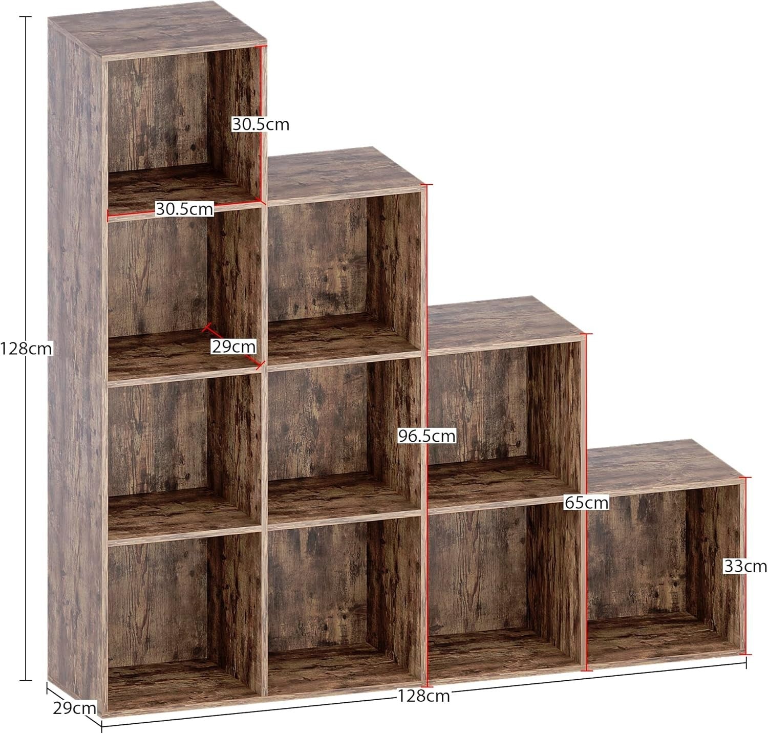 Dark Wood 10 Cube Staircase Bookcase with 5 White Baskets Storage Unit