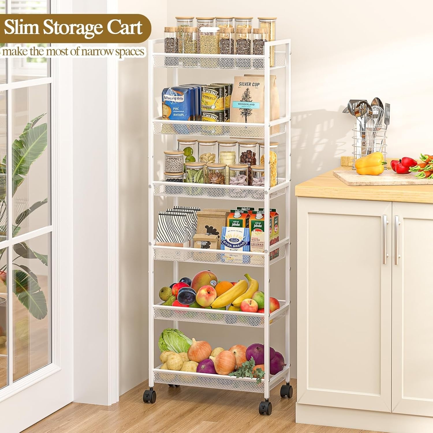 6 Tier Slim Storage Cart Rolling Narrow Shelf Kitchen Bathroom Rack