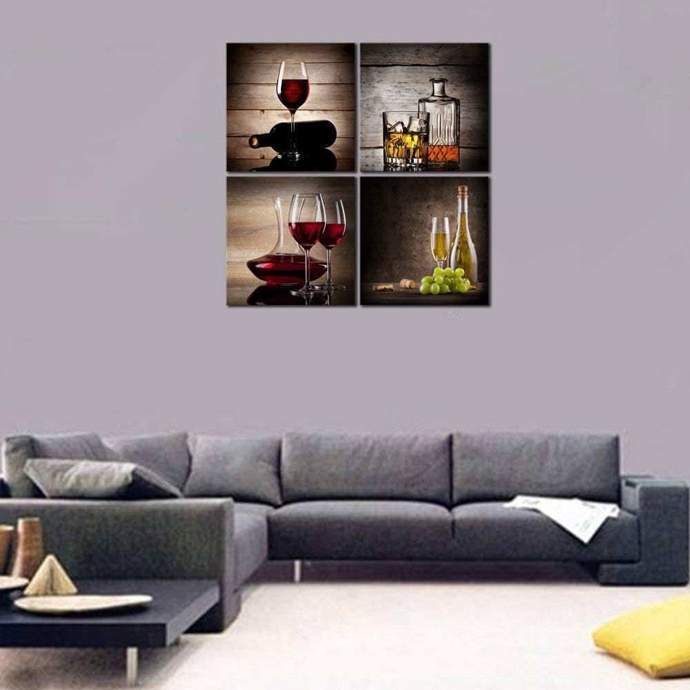Red Wine Canvas Wall Art Set of 4 Framed 20x20in Modern Prints