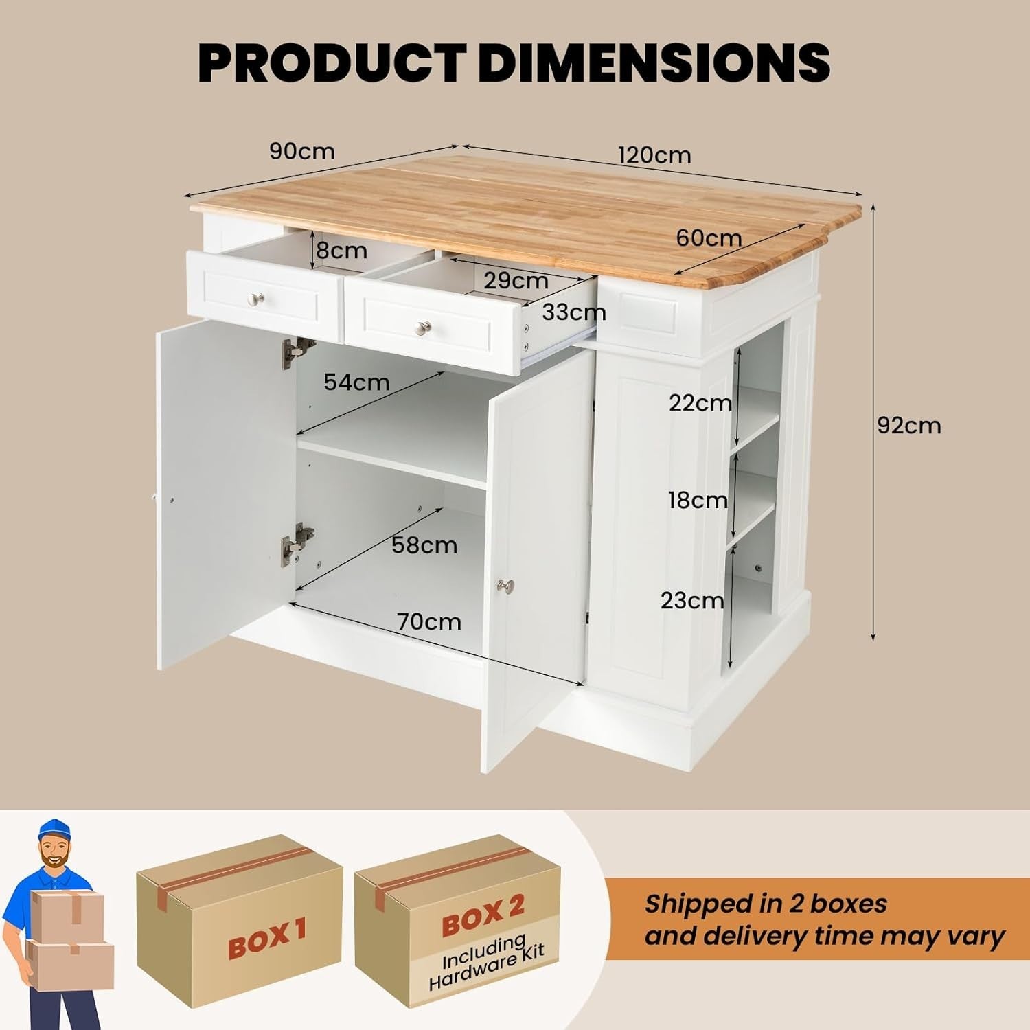 Extendable Kitchen Island Cart with Adjustable Shelves, Drawers & Side Racks.