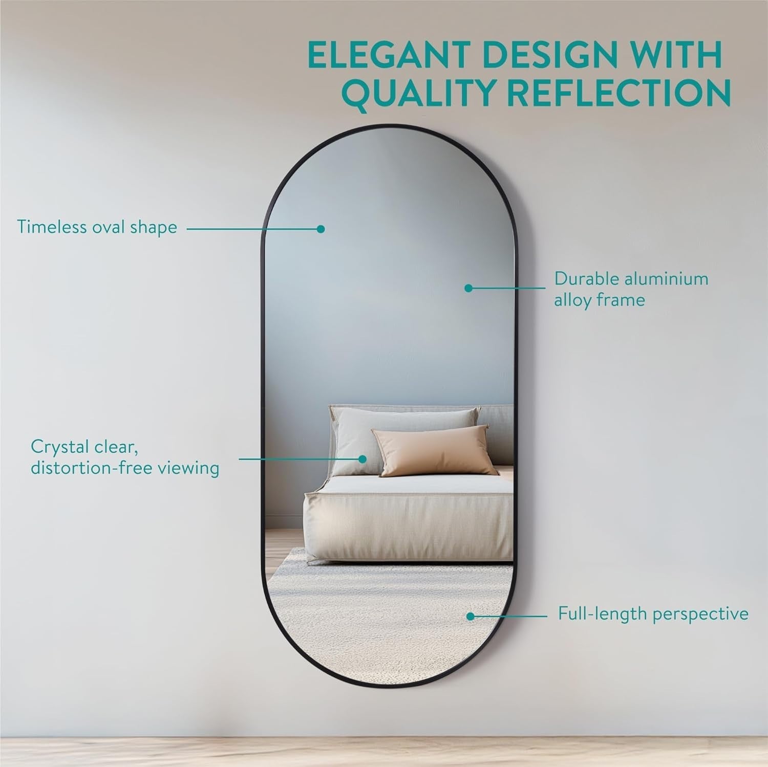 Large Oval Wall Mirror Full Length 110cm Black Frame for Bedroom Bathroom