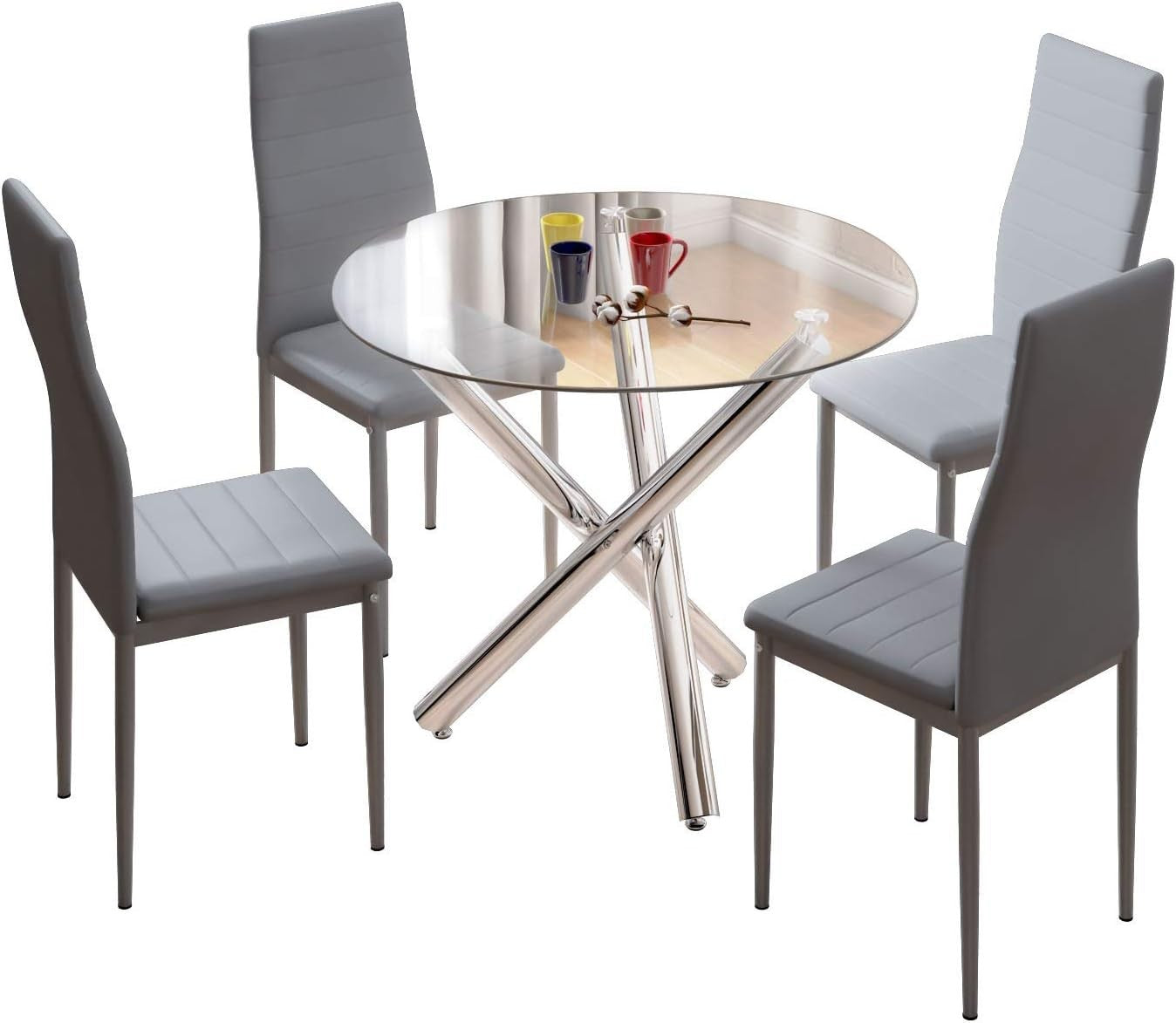 Round Glass Dining Table Set with 4 Grey PU Chairs 90cm Modern
