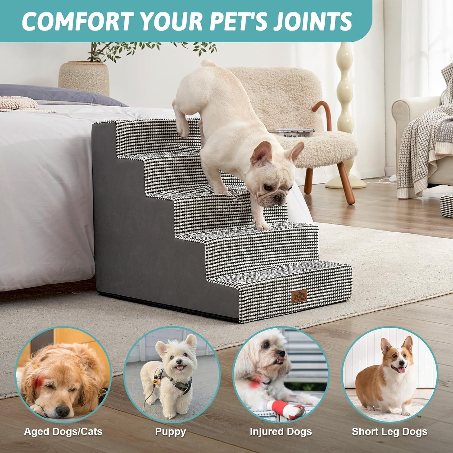 Dog Stairs Non-Slip Pet Steps for Small Dogs Cats Puppy 75x50x60cm White & Black