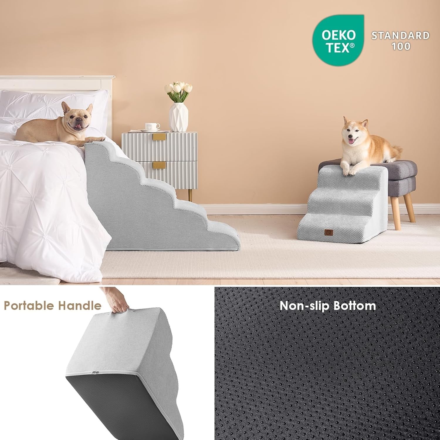 5 Step Dog Stairs for High Bed Non Slip Foam Pet Steps Washable