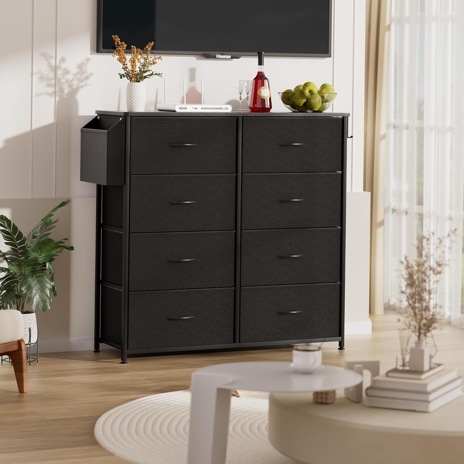 Black 8 Drawer Fabric Storage Unit w/ Labels & Pocket – 80x30x97cm