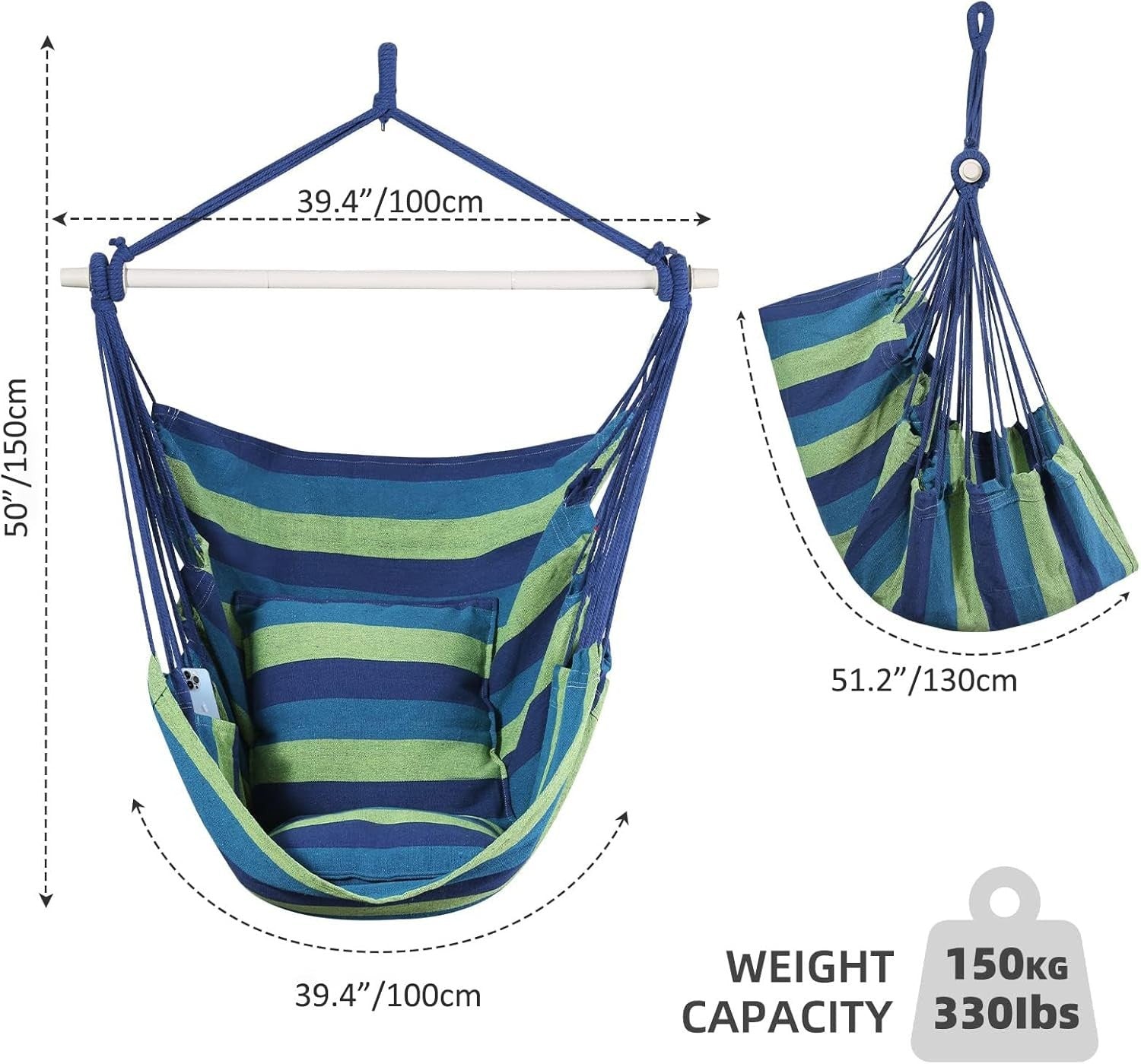 Cotton Hammock Swing Chair with Cushions, Detachable Support Bar, Portable