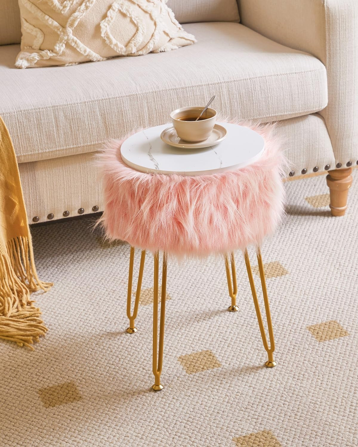 Pink Furry Round Vanity Stool with Storage – Soft Faux Fur Ottoman Seat