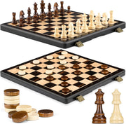 15" Magnetic 2-in-1 Chess & Draughts Folding Wooden Board Set w/ Extra Queens