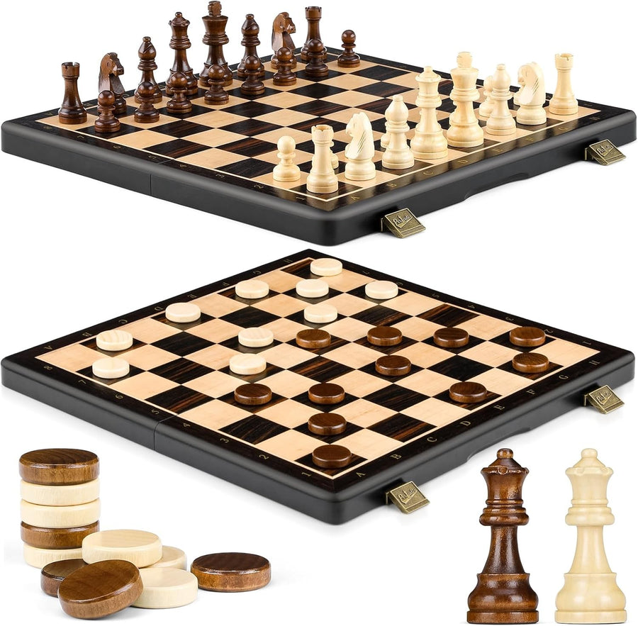 15" Magnetic 2-in-1 Chess & Draughts Folding Wooden Board Set w/ Extra Queens