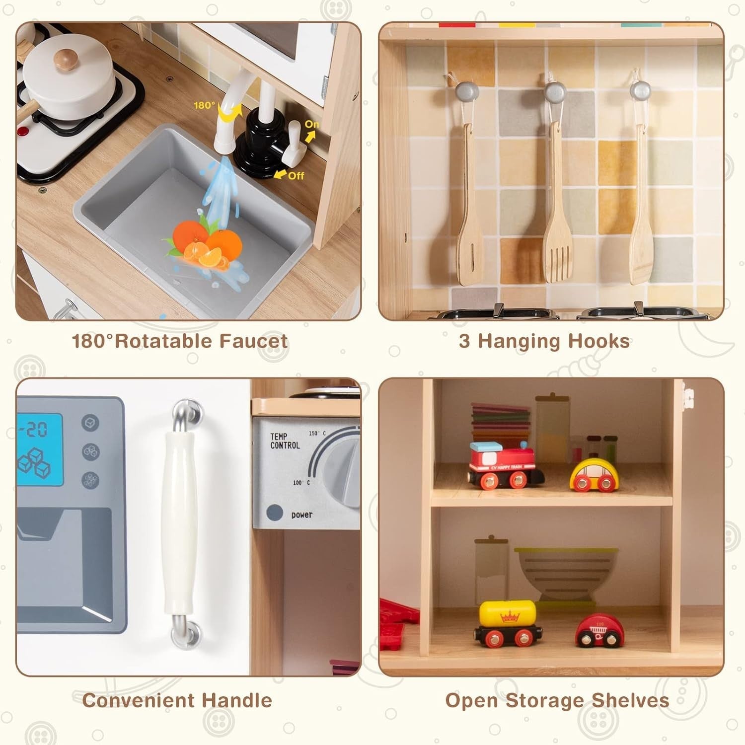 Wooden Kids Play Kitchen Lights Sounds Ice Maker Water Dispenser Set