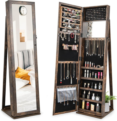 Rustic Brown Rotating Jewelry Armoire Lockable Mirror Storage Cabinet
