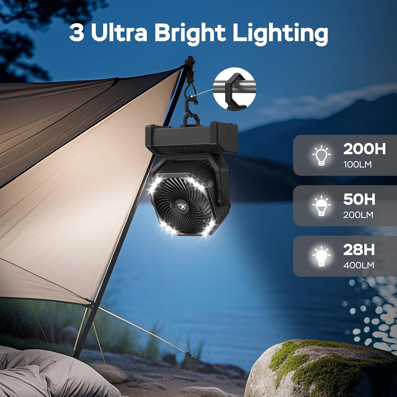 20000mAh Camping Fan – LED Desk Fan w/ Remote, Hook & Rechargeable Battery Black