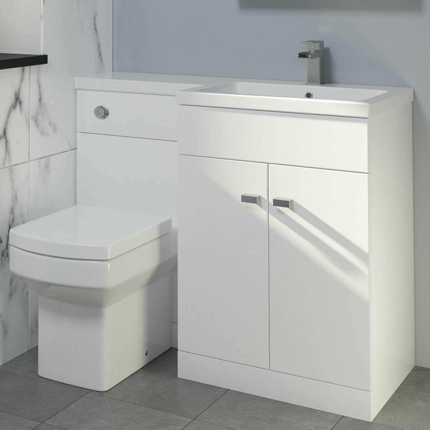 1100mm L Shape Bathroom Vanity Unit with Basin & Toilet High Gloss White