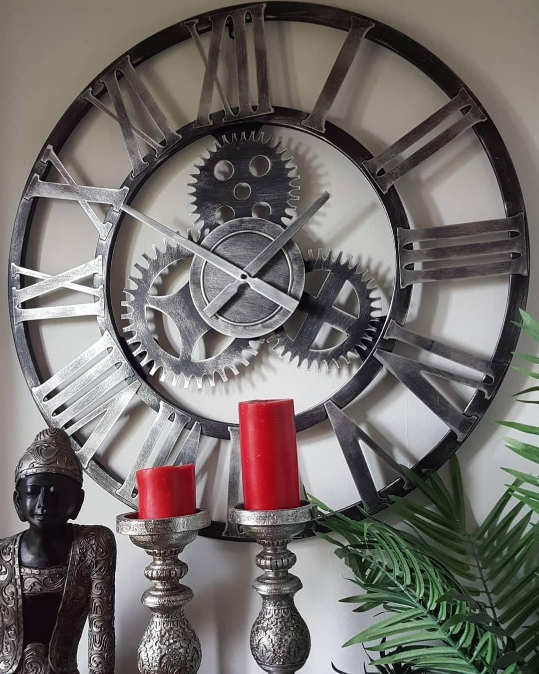 76cm Industrial Metal Gear Wall Clock - Rustic Silver Skeleton Roman Numerals V