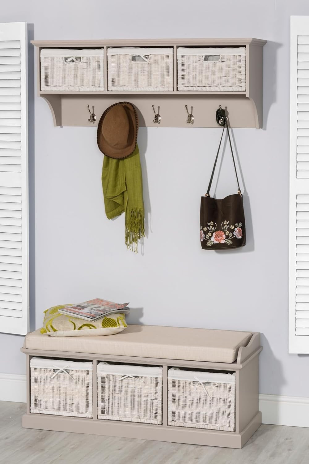 Truffle Wall Mounted Coat Rack 3 Wicker Baskets 5 Hooks Hallway Storage Shelf