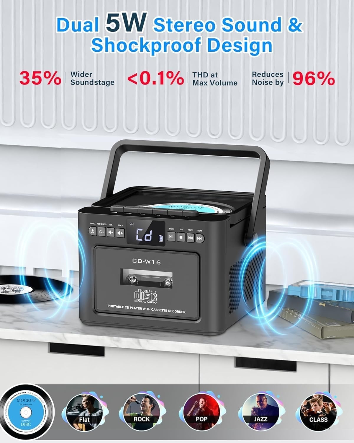Portable CD Player Boombox Cassette Bluetooth FM USB TF AUX Remote