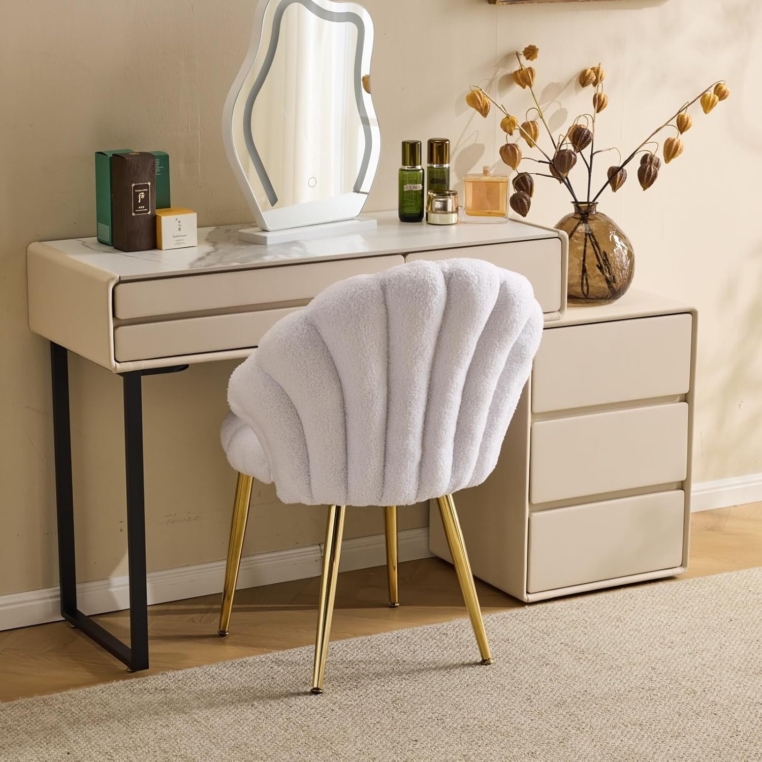 Pearl White Teddy Accent Chair Gold Legs Vanity Dressing Table