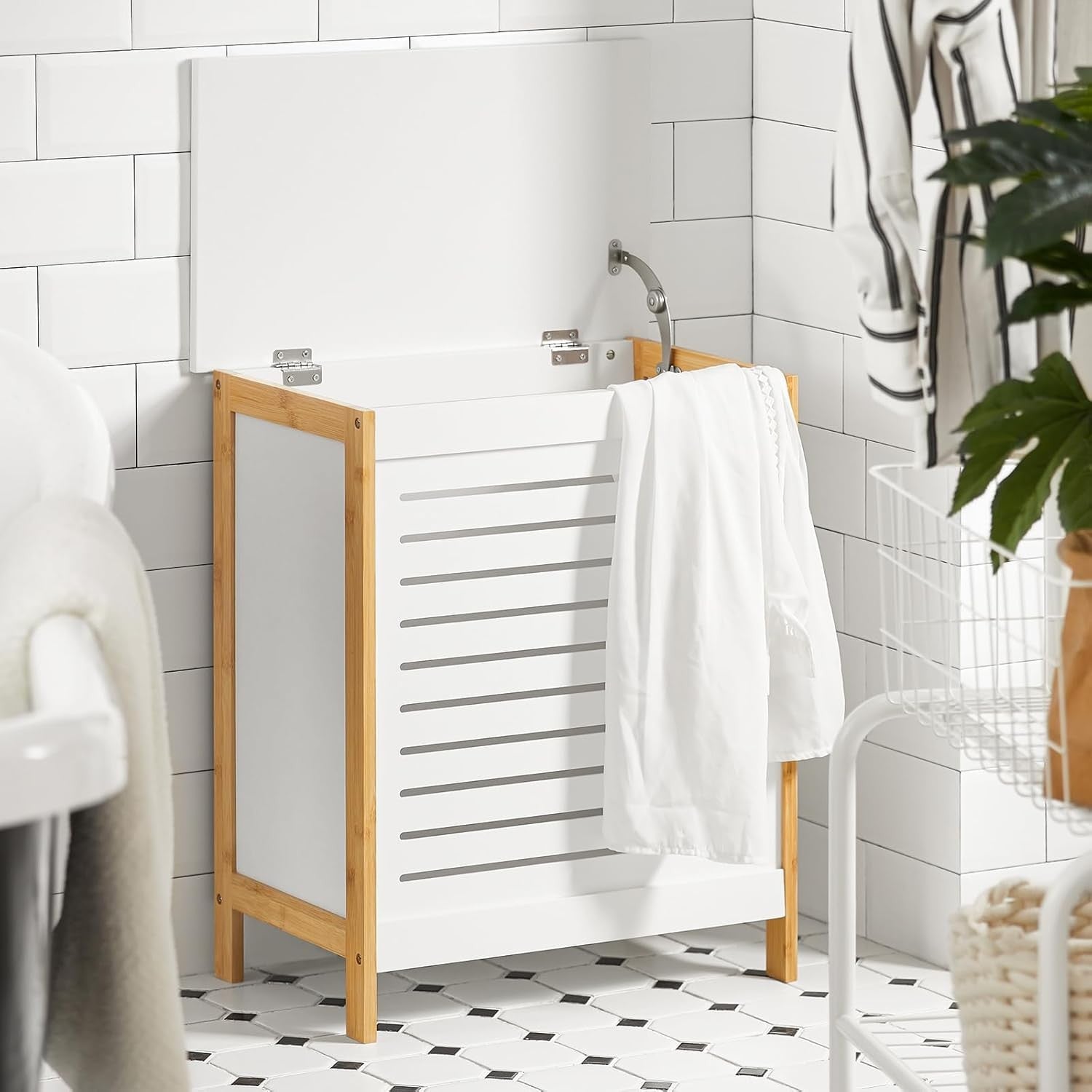 Modern Laundry Basket with Hinged Lid, 50x30x60cm Storage Hamper, Bamboo Frame