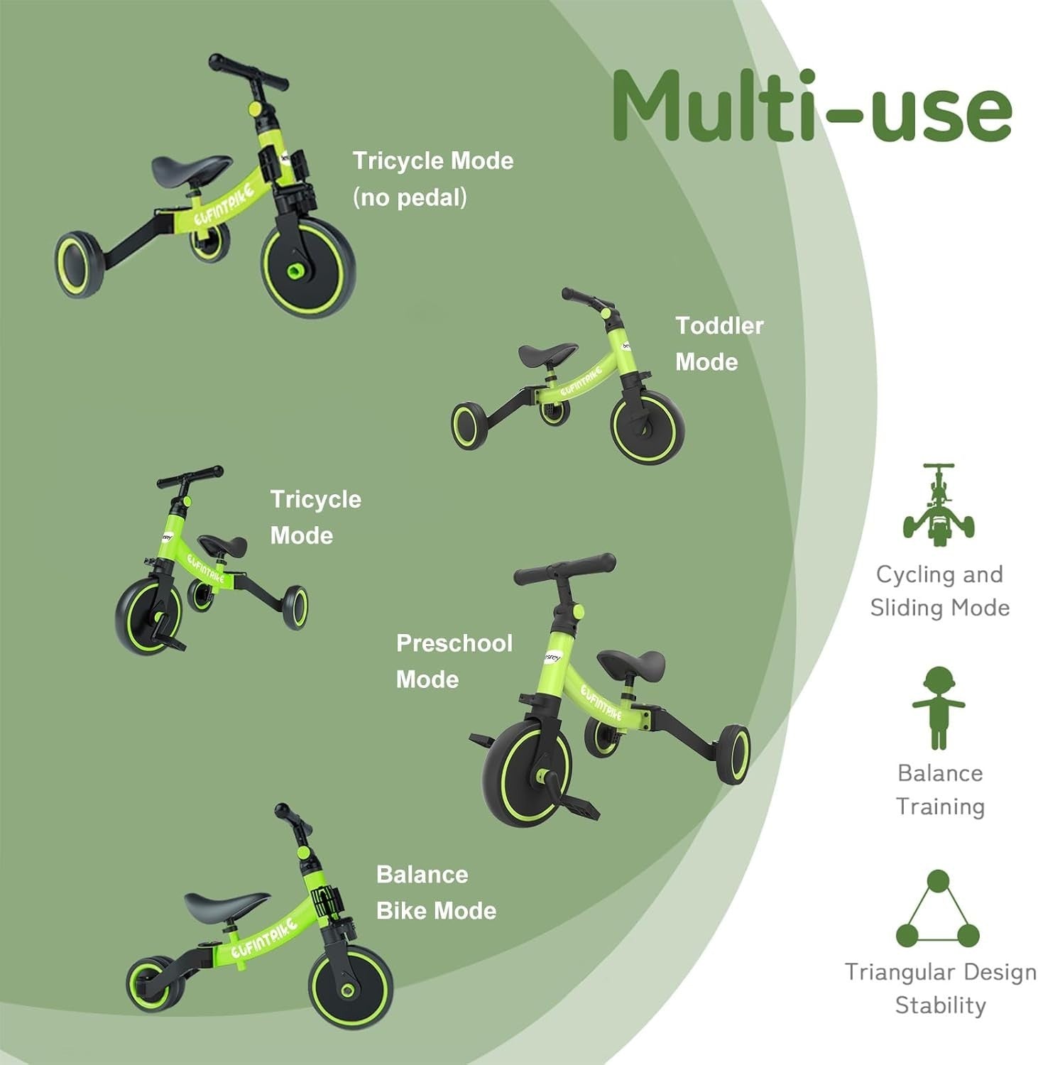 5 In 1 Toddler Tricycle Balance Bike Kids Ride On Removable Pedals Green