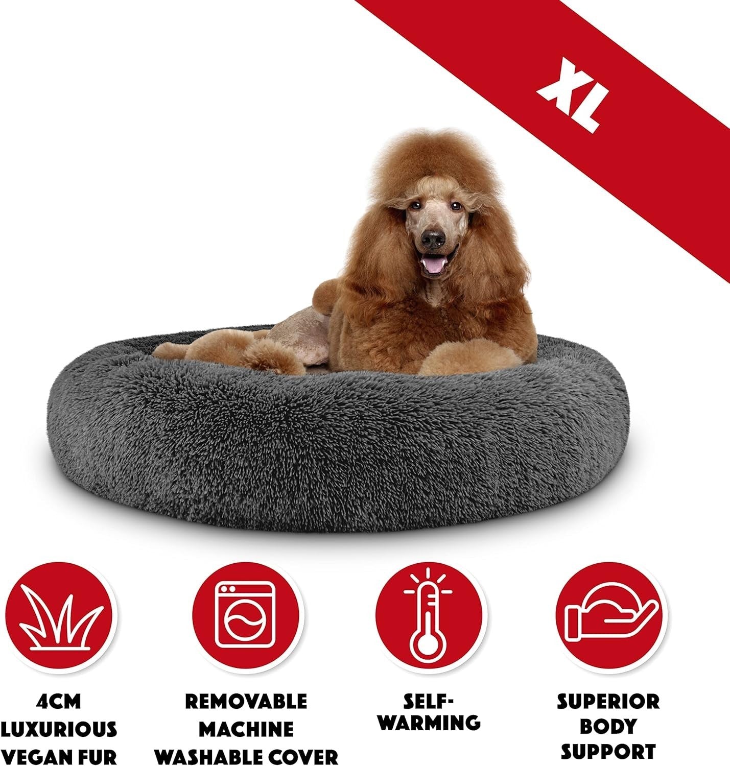 XL Plush Donut Dog Bed 114cm Calming Round Nest Grey