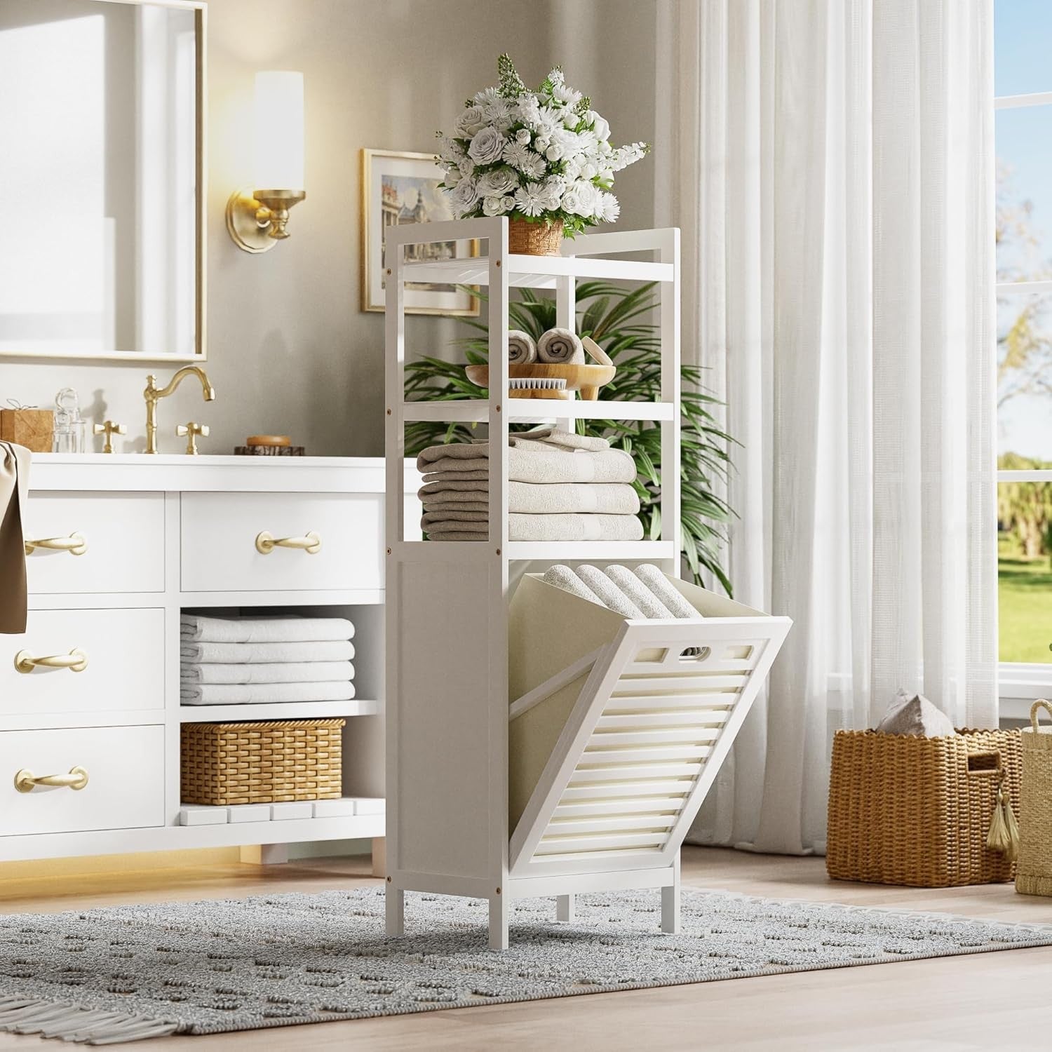 White Tilt Out Laundry Hamper Cabinet Bamboo Shelves 32L Basket Organizer