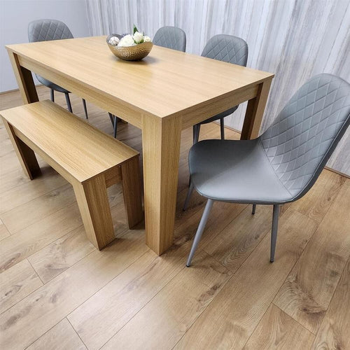 6 Seater Oak Dining Table Set with Bench & 4 Grey Chairs for Kitchen
