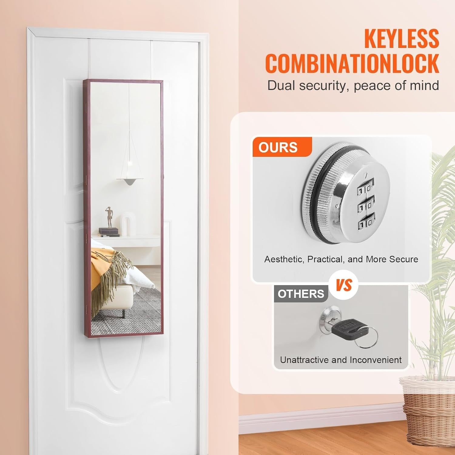 LED Jewelry Mirror Cabinet Lockable Wall Mounted Full Length Storage Brown