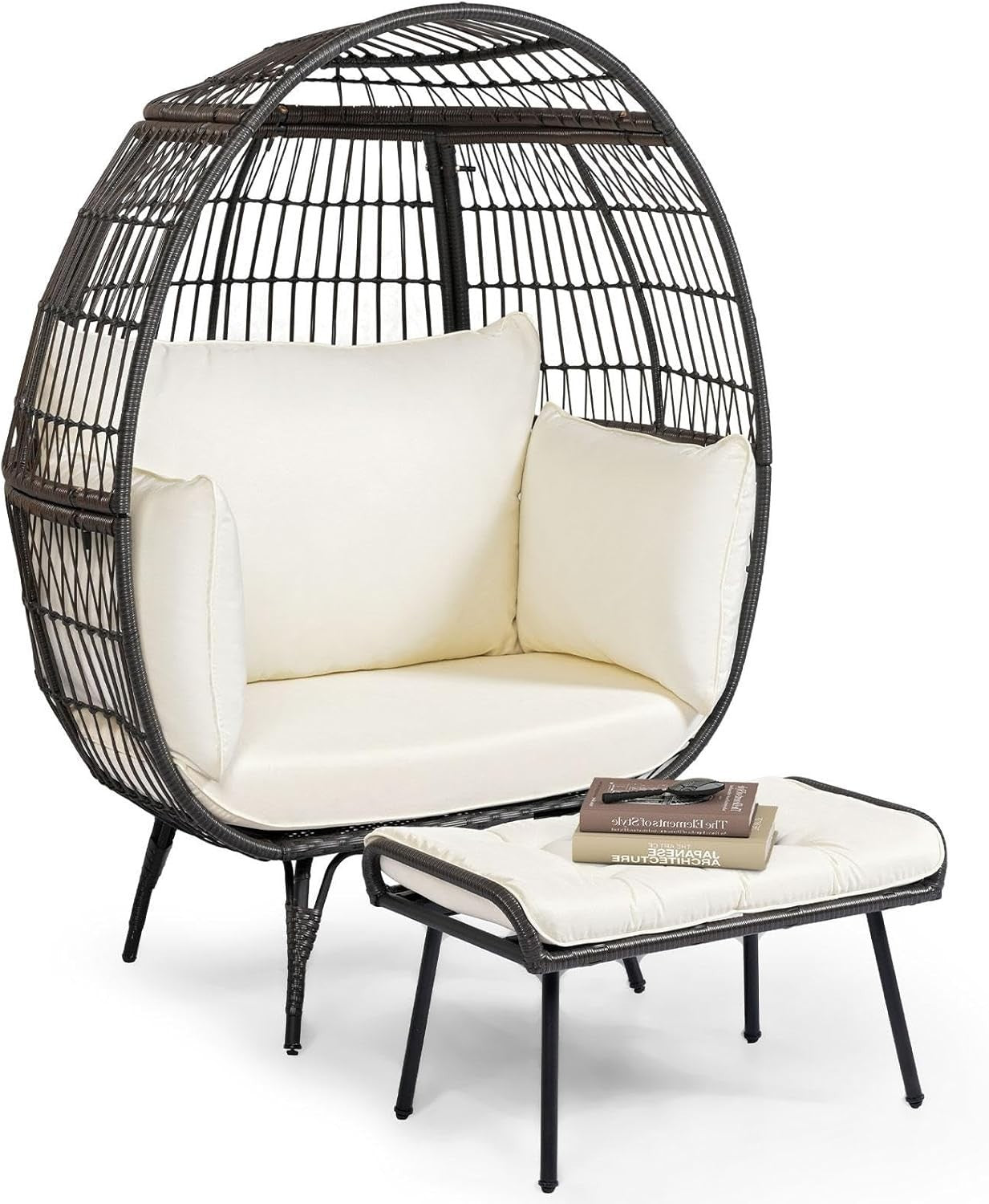 Oversized Rattan Egg Chair with Ottoman Freestanding Cushioned Lounge Seat