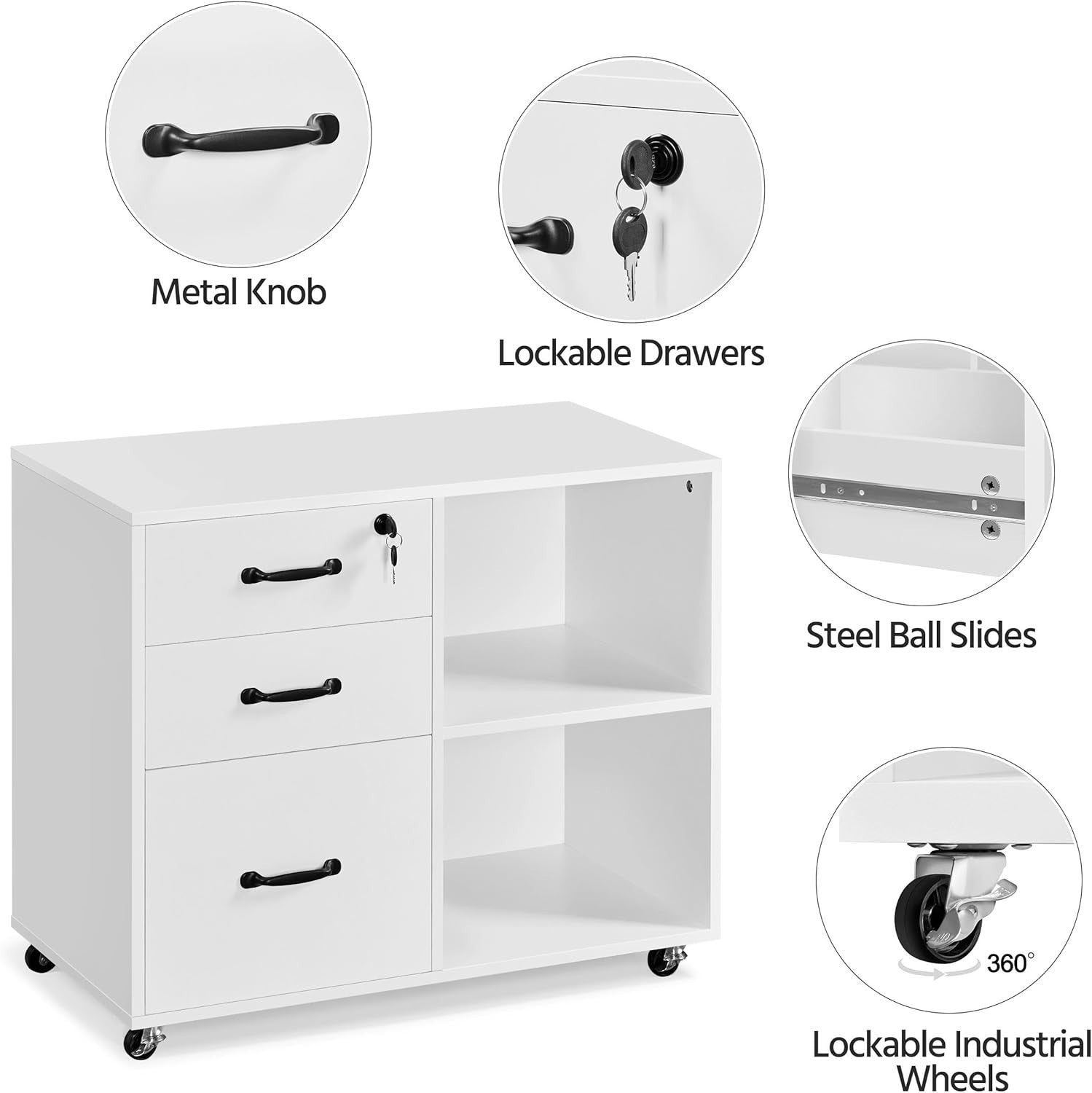Mobile Lockable Filing Cabinet with Wheels Printer Stand 80x40x65cm