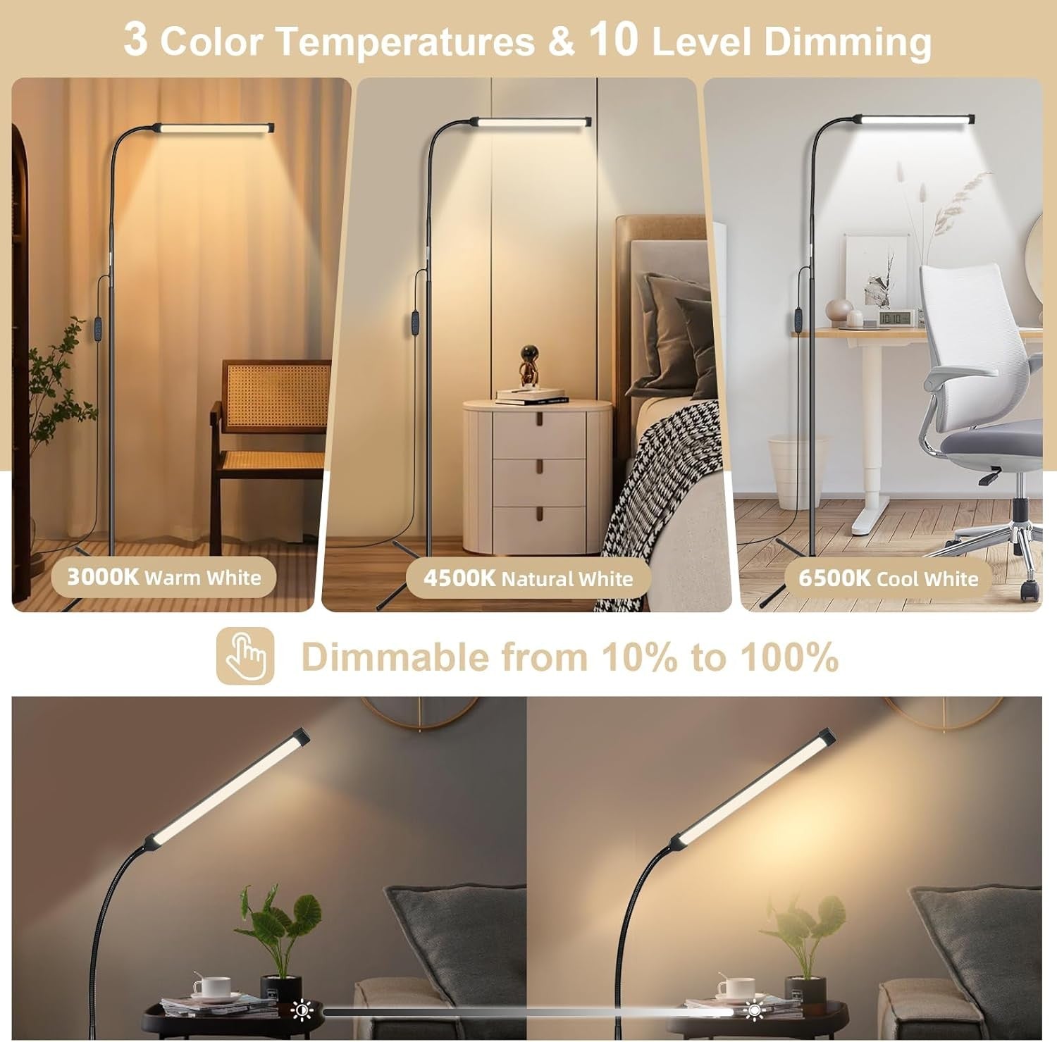 LED Floor Lamp Dimmable Gooseneck Reading Light 3 Colour Adjustable Stand