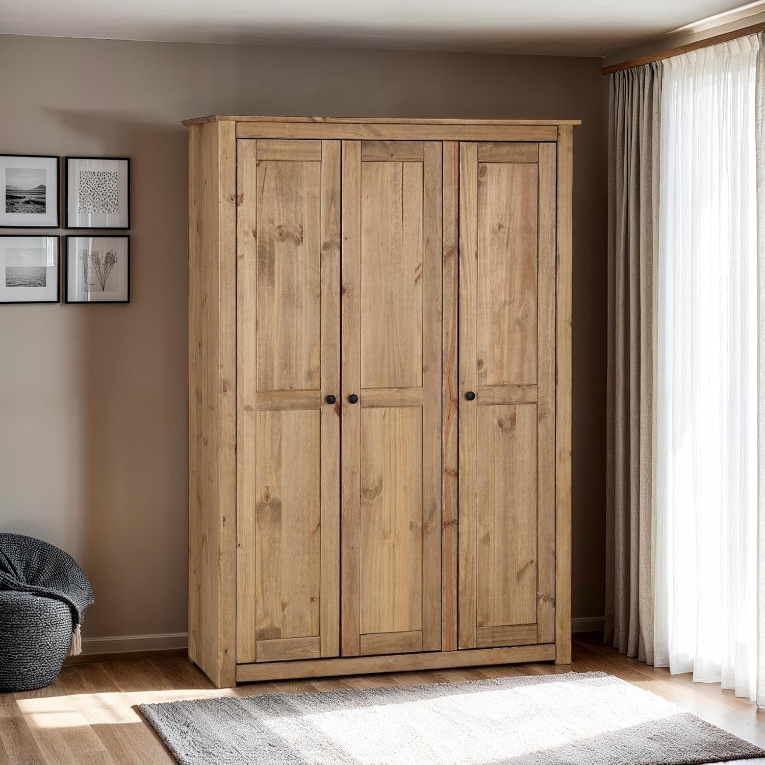 Rustic 3 Door Pine Wardrobe Natural Wax Finish Hanging Shelf Storage