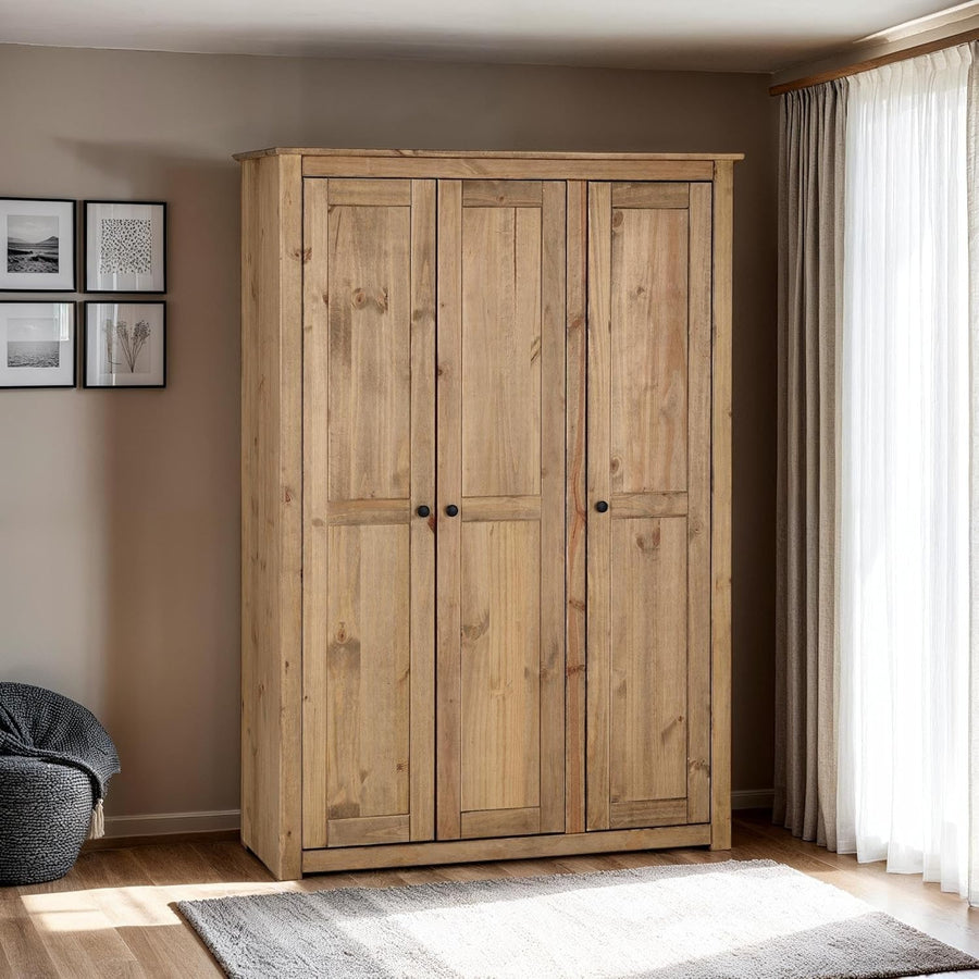 Rustic 3 Door Pine Wardrobe Natural Wax Finish Hanging Shelf Storage