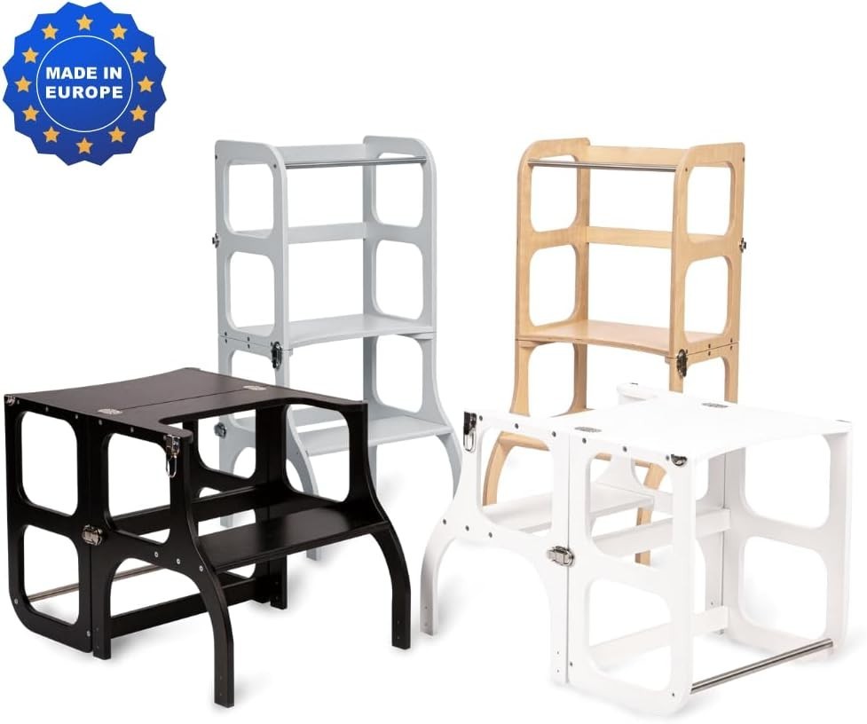 Montessori Kitchen Helper Tower 2-in-1 Table Stool Grey 90cm Birch Wood
