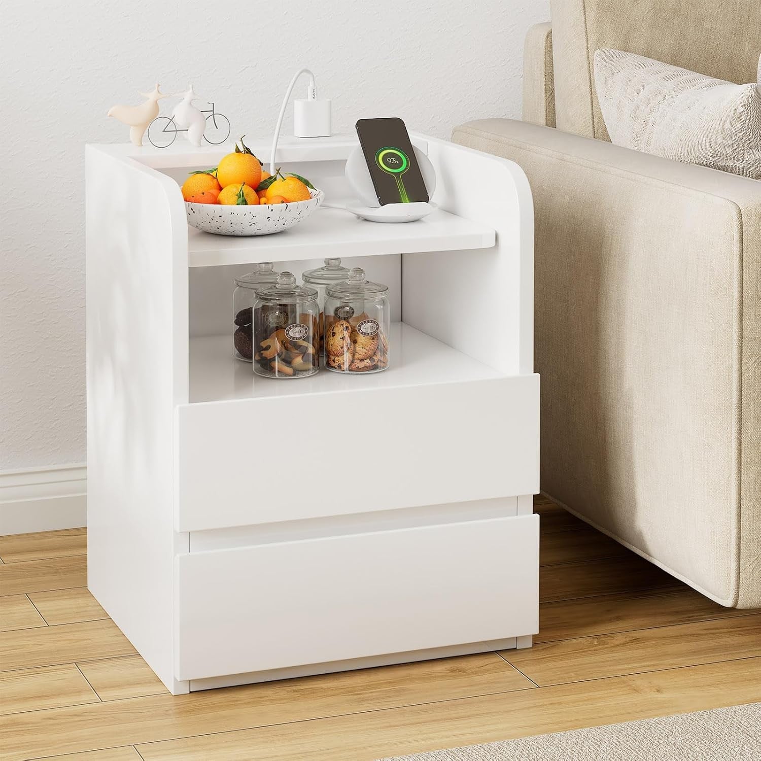 White Bedside Table with Charging Station – Modern Nightstand w/ Drawers & LED S