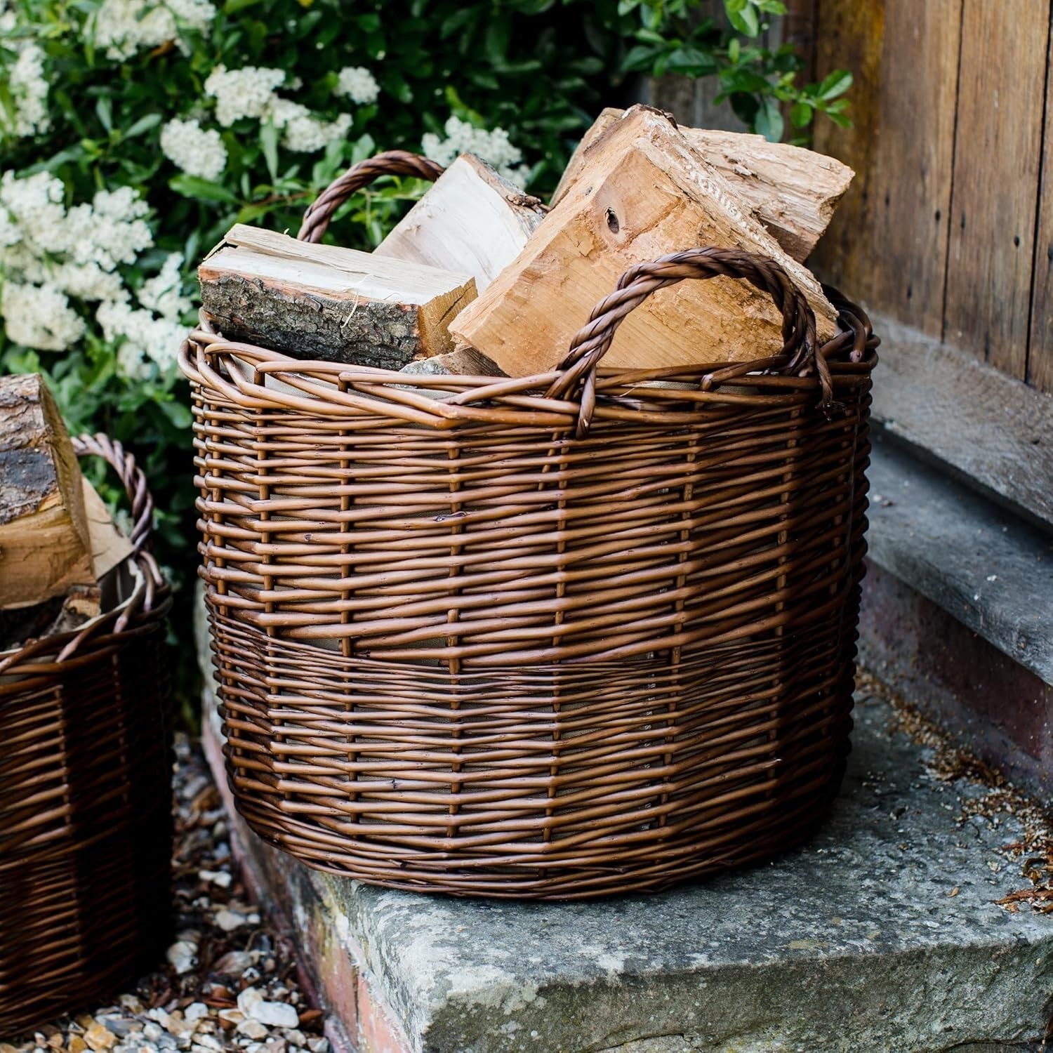 Large Wicker Log Basket with Handles & Lining Firewood Storage Bin