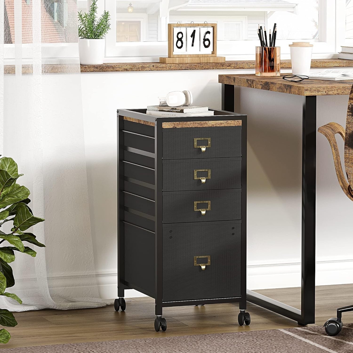 Retro Rolling File Cabinet 4 Drawer Under Desk A4 Letter Storage Black
