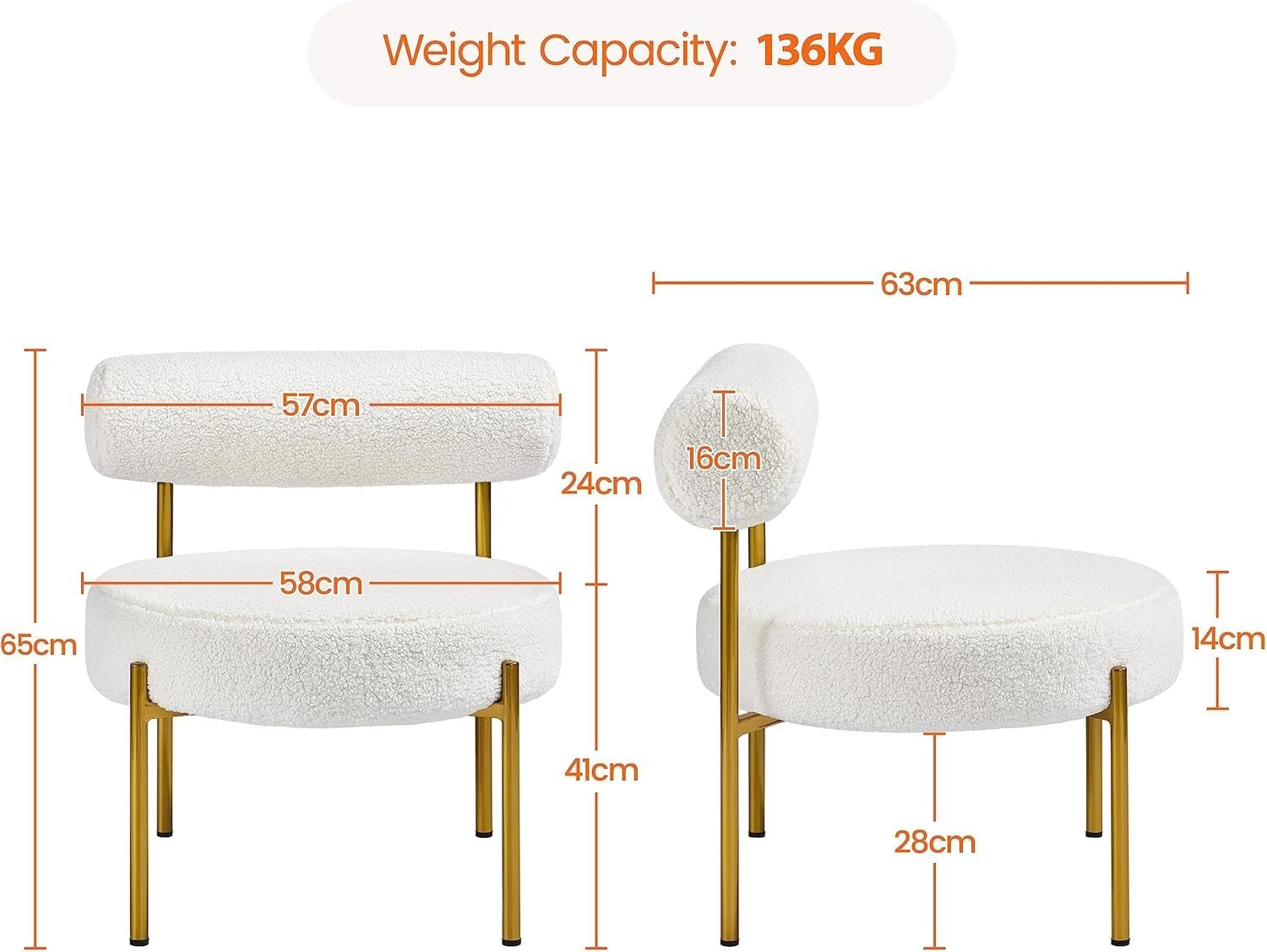White Bouclé Tub Chair Modern Sherpa Barrel Seat w/ Gold Legs for Bedroom