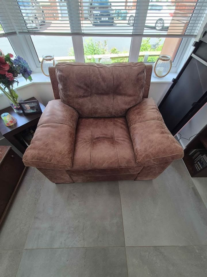 Rustic Tan/Brown Leather Corner Sofa + Armchair (PTP)