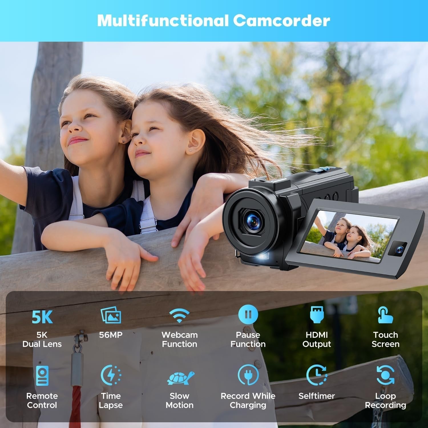 5K Camcorder Video Camera WiFi Night Vision Vlogging Kit 56MP