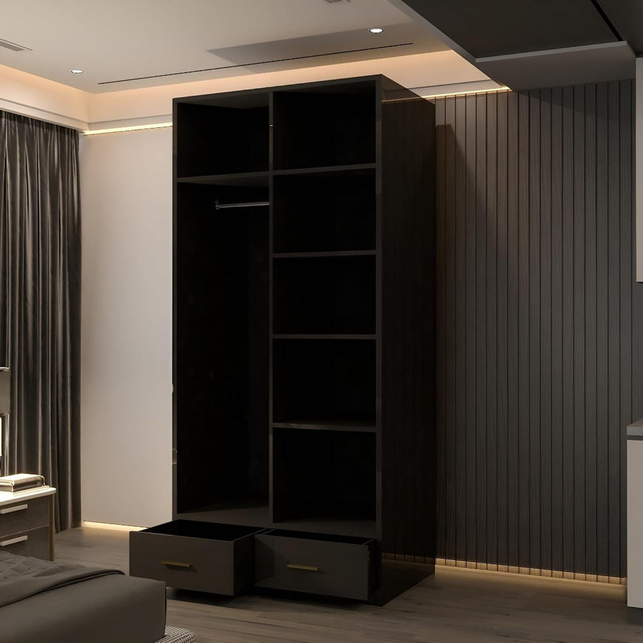 90cm High Gloss Mirrored Wardrobe with Shelves, Drawers & Hanging Rail