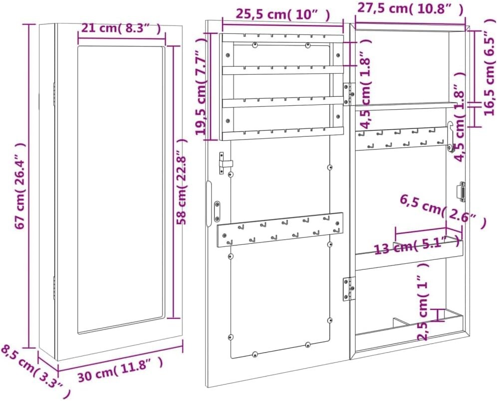 Compact Wall Mounted Jewelry Cabinet Mirror Lockable Slim Storage Brown