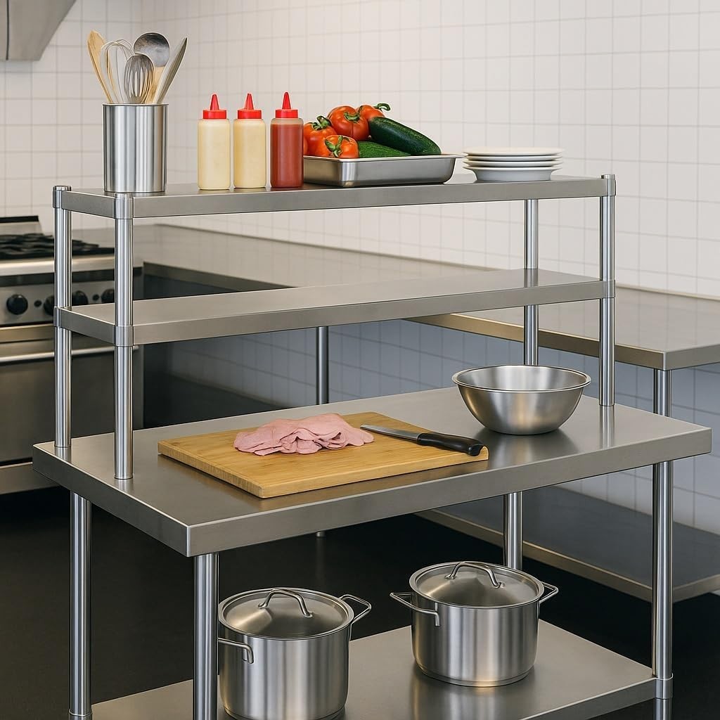 Stainless Steel Work Table 120x60x145cm with 2-Tier Top Shelf Height Adjustable