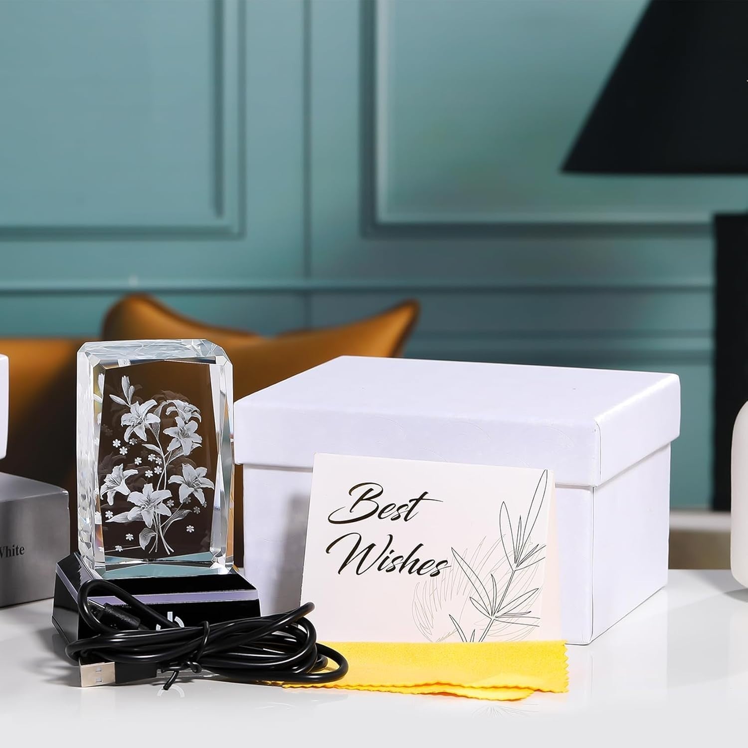 3D Crystal Lily Bouquet LED Light Cube Ornament Gift for Mum Wife Women Birthday