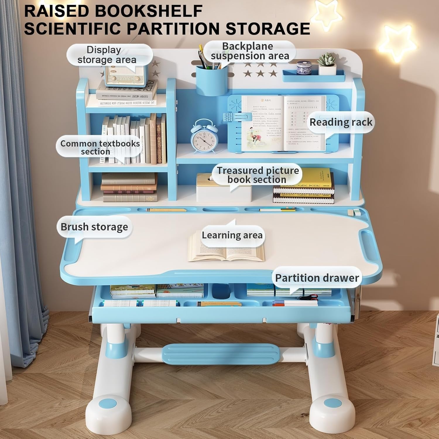 Adjustable Kids Study Table & Chair Set with Storage, Large Desk Blue-4