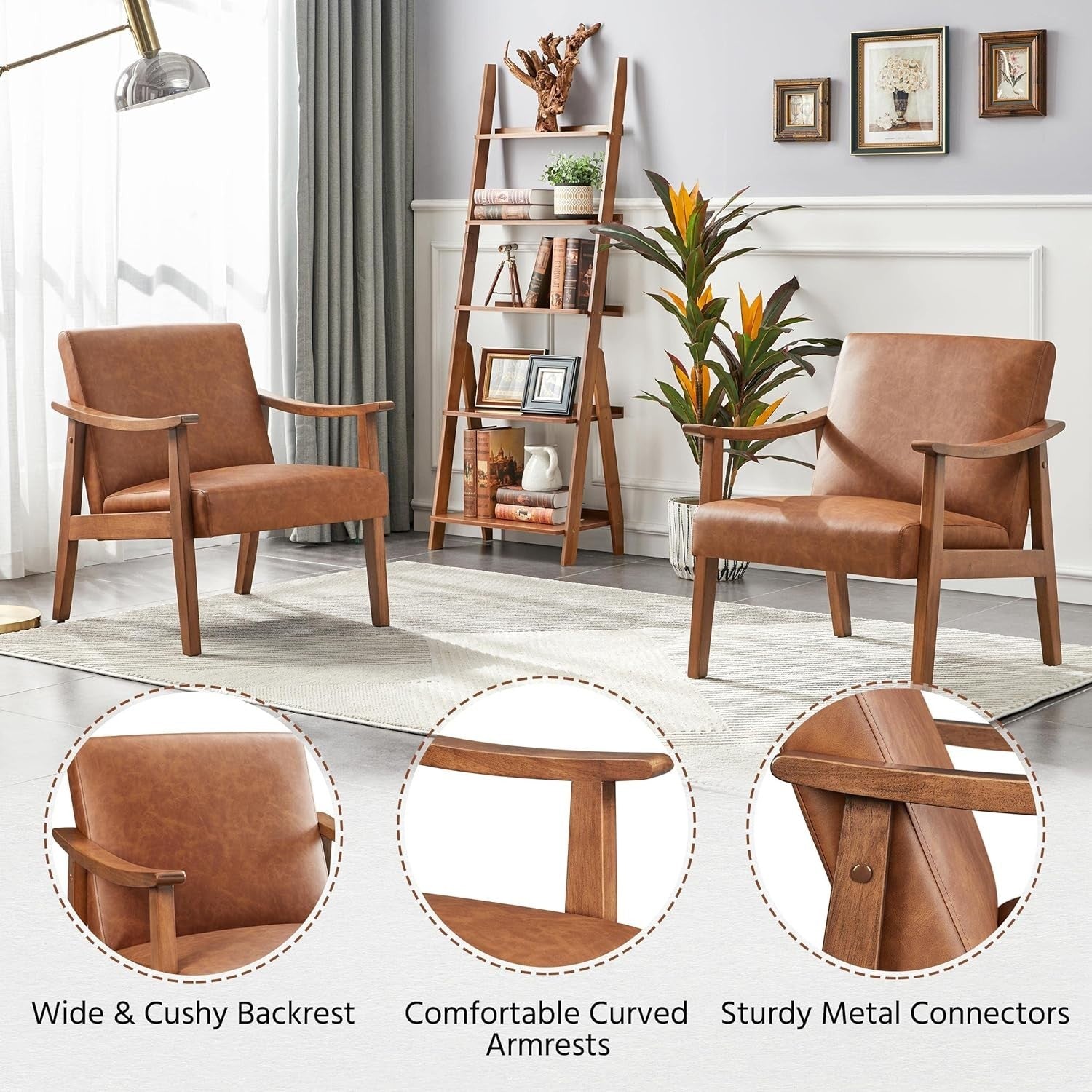 Faux Leather Armchair Retro Wood Frame Lounge Chair Comfy Seat Office