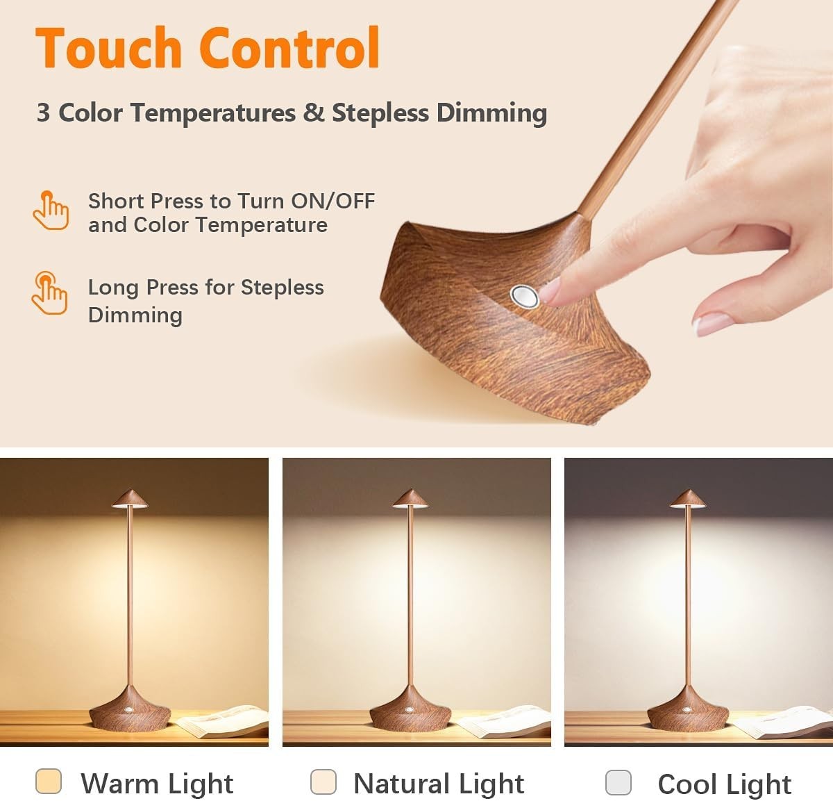 Cordless Rechargeable LED Table Lamps 2pcs Wood Finish, Dimmable & Portable