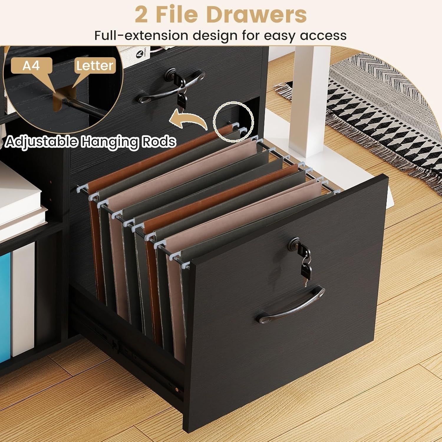 Black Wide Mobile File Cabinet 4 Drawer Lockable Lateral Printer Stand