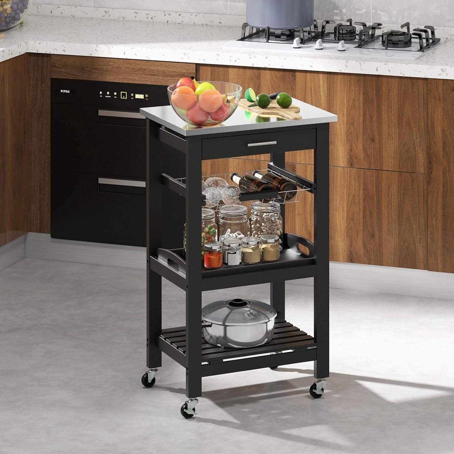 Black Kitchen Trolley on Wheels w/ Stainless Steel Top